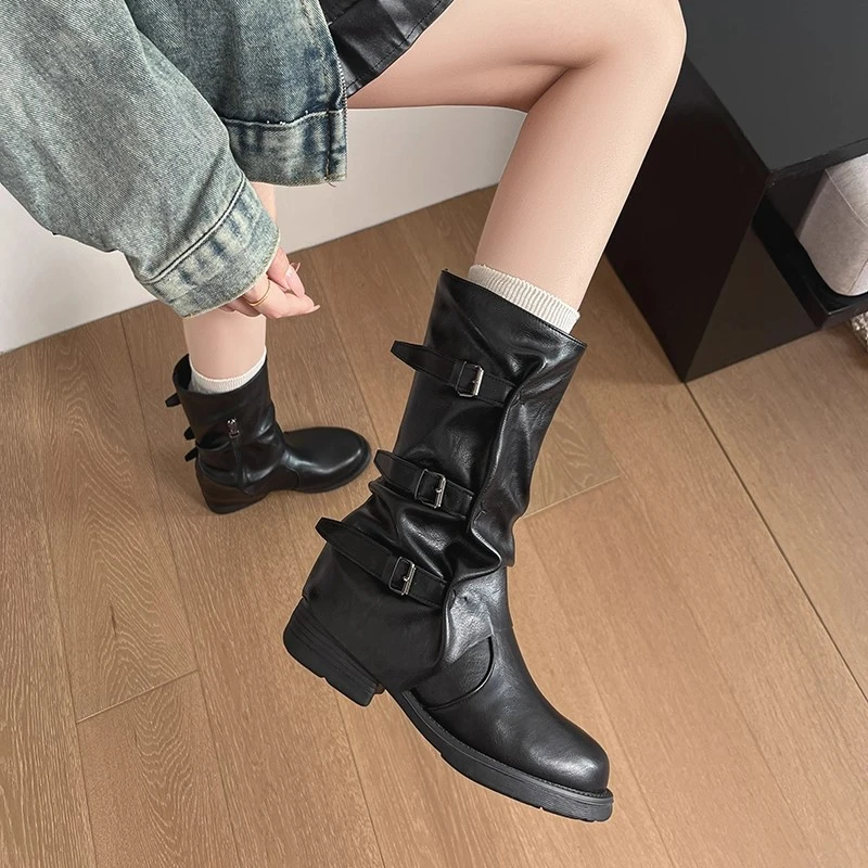 冬季日落~皮带扣中筒靴英伦风裤管马丁靴女粗跟骑士靴西部堆堆靴