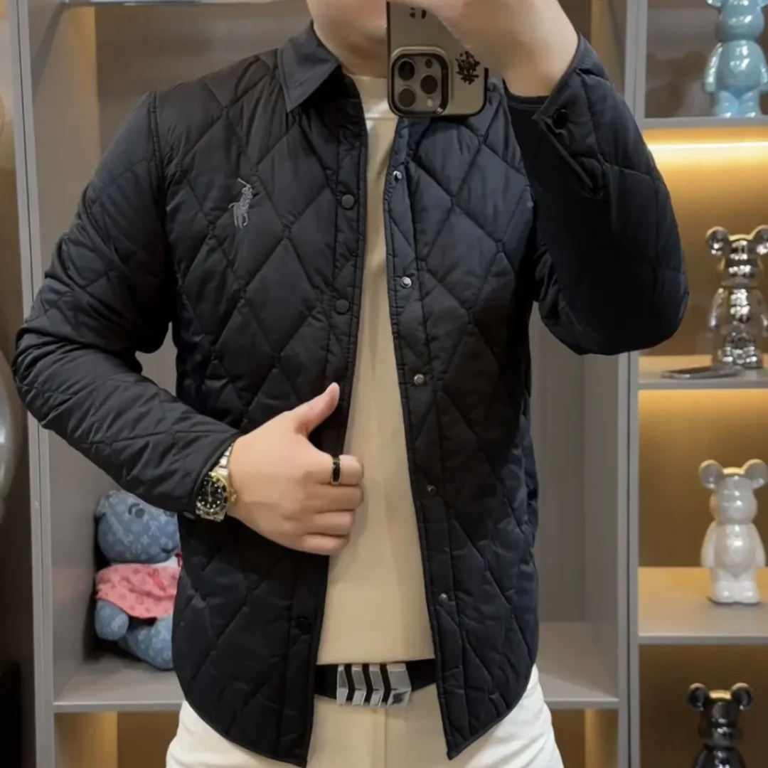 2025秋冬新款薄棉修身刺绣菱形格翻领男士棉服外套夹克时尚百搭潮