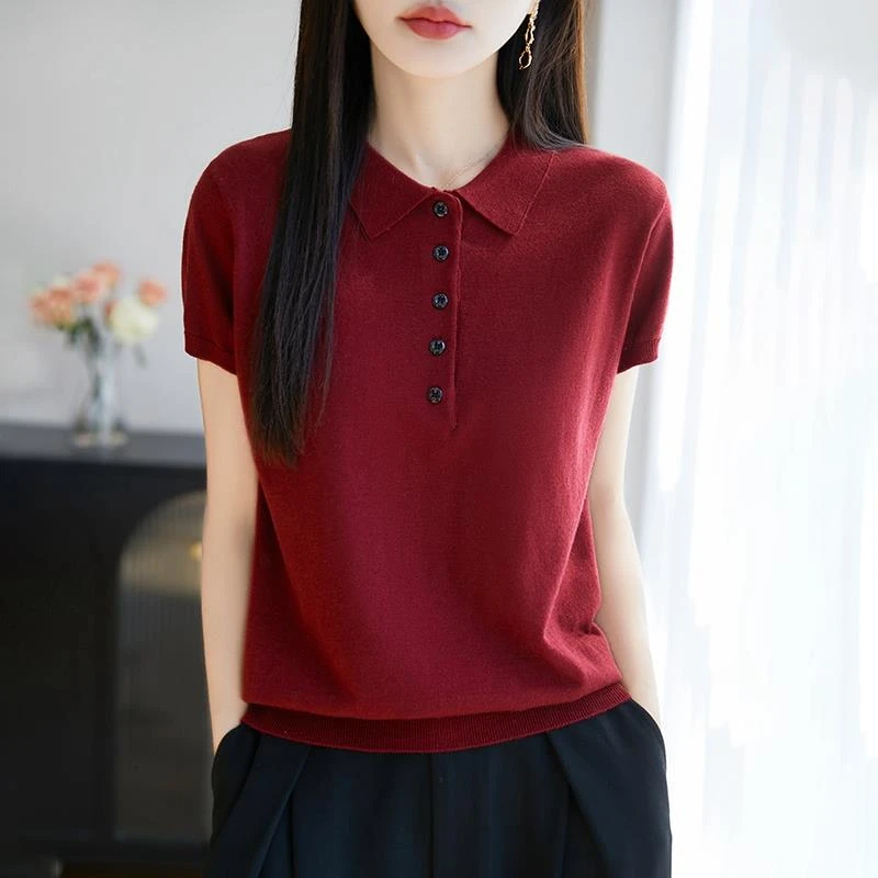 哥弟阿玛施正品POLO翻领短袖针织T恤女2025夏薄款新款精纺薄款打