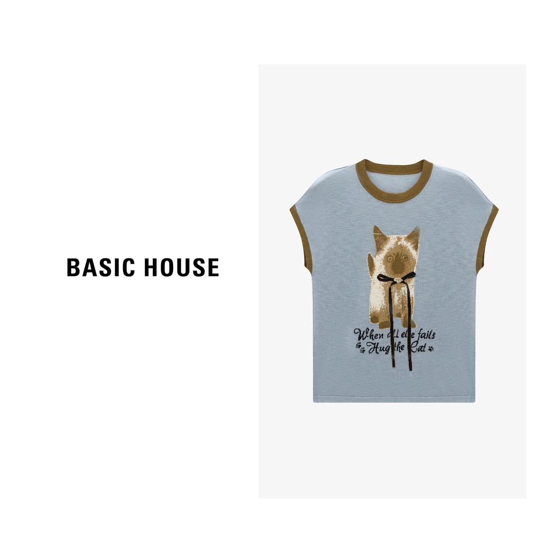 Basic House/百家好夏季时尚百搭无袖猫咪印花针织衫-B0625B58742