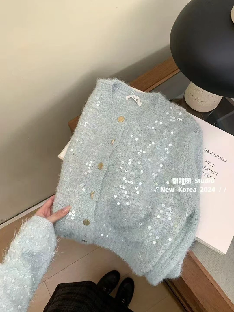 【肉总】精致圆领亮片开衫针织毛衣