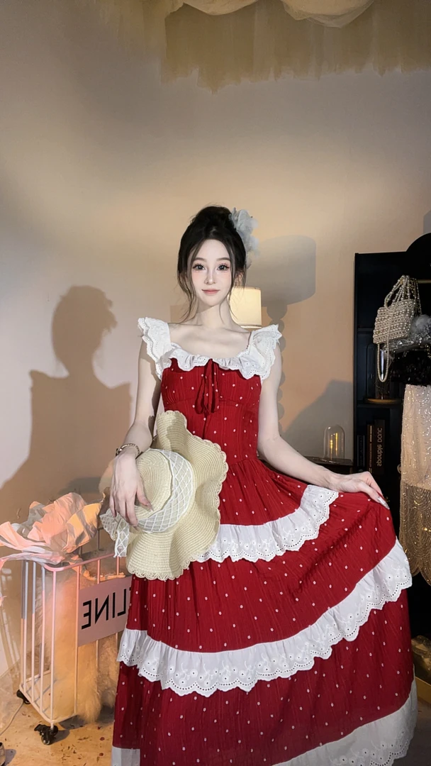 【崔】L0242夏季法式复古波点一字肩两穿小衫上衣搭配半身裙或长裙