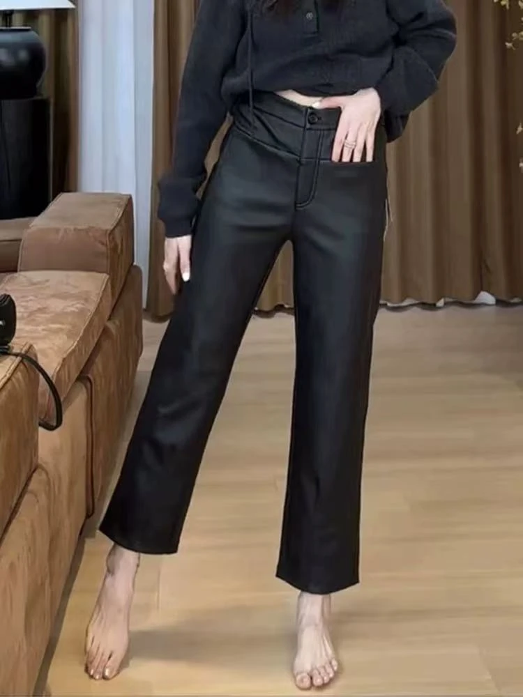海宁正品皮裤女高级新款显瘦显腿长窄版直筒法棍裤烟管九分038