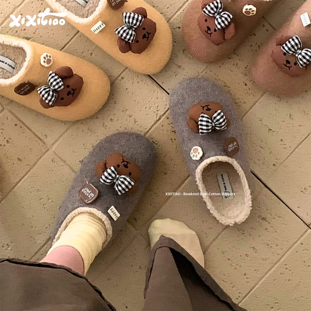 细细条 日系格子蝴蝶结懒人一脚蹬女鞋2025加绒秋冬勃肯棉拖鞋女