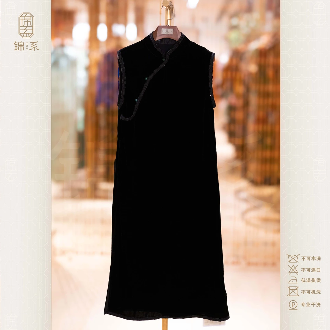【锦系】真丝丝绒中式国风桑蚕丝立领无袖连衣裙E-36930-S3882788