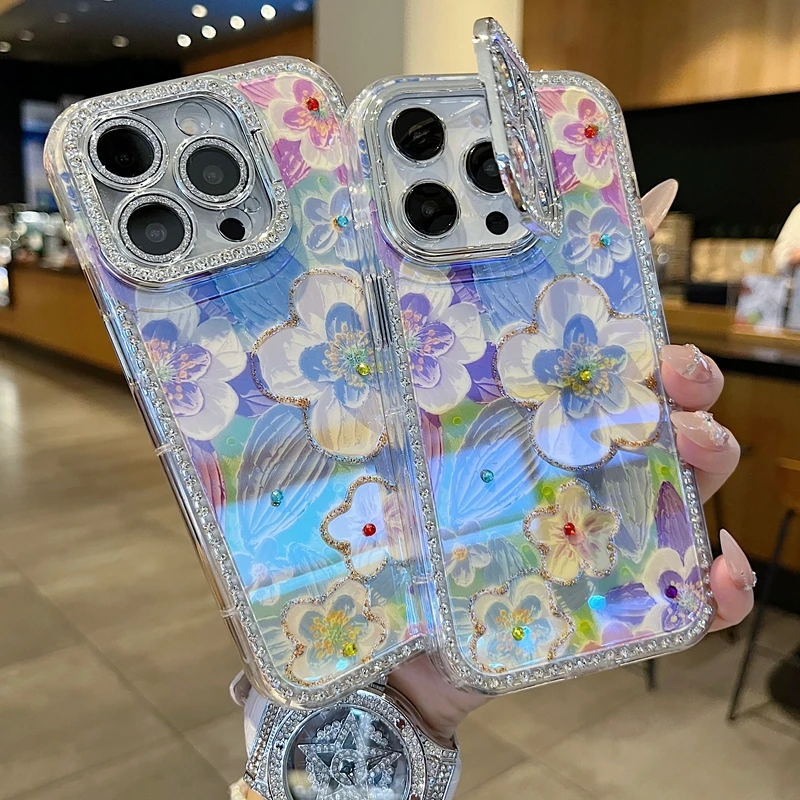 适用苹果系列iPhone16新款手机壳油画紫藤花全包镜头膜钻框支架