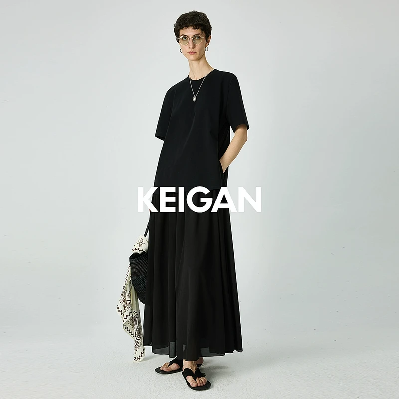 开间/重磅6A级双绉真丝轻盈舒适垂感飘逸显瘦假两件拼接T恤连衣裙