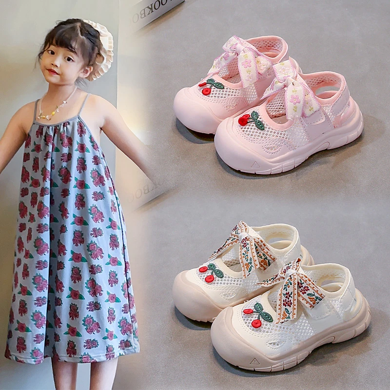 碎花蝴蝶结单网凉鞋2025新款春季公主鞋软底女童单鞋休闲舒适运动