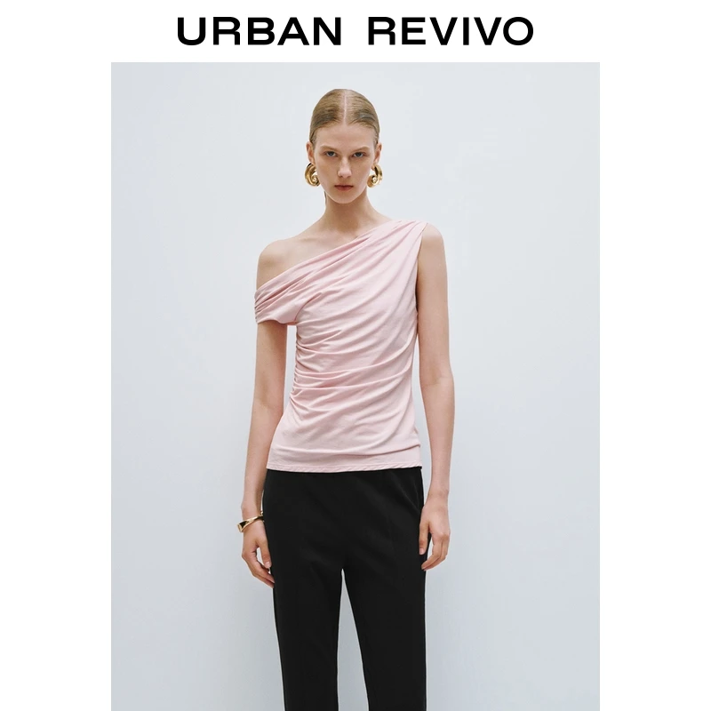 UR2025夏季新款女装气质魅力斜肩领修身褶皱T恤UWG450132