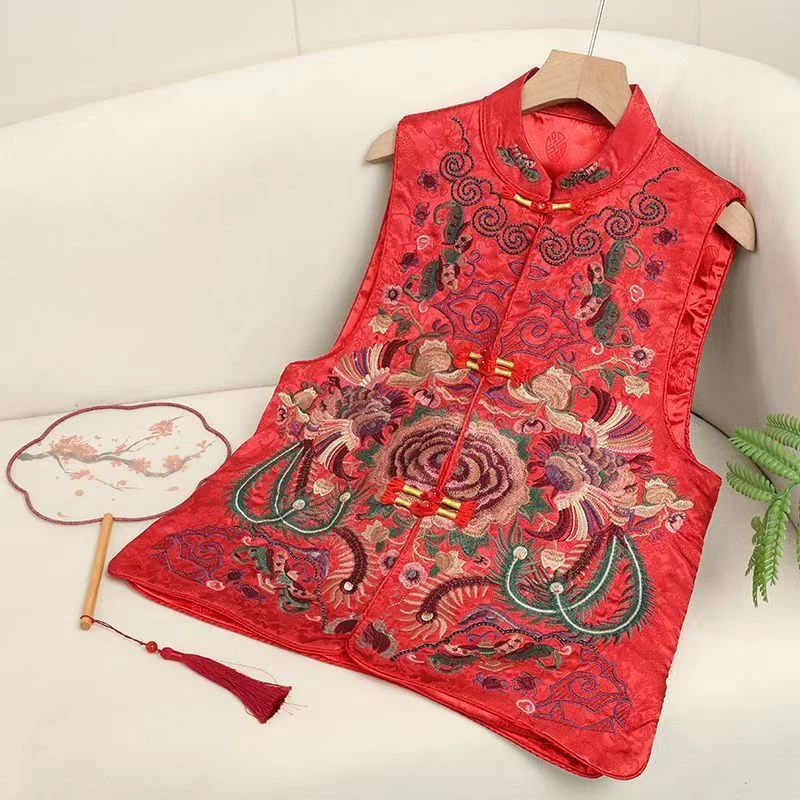秋季新款文艺复古新中式国风立领民族风春满绣绣花马甲刺绣马夹
