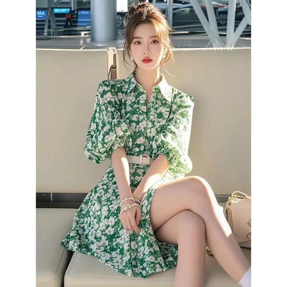韩系减龄洋气绿色碎花长袖衬衫连衣裙女多巴胺绝美小裙子