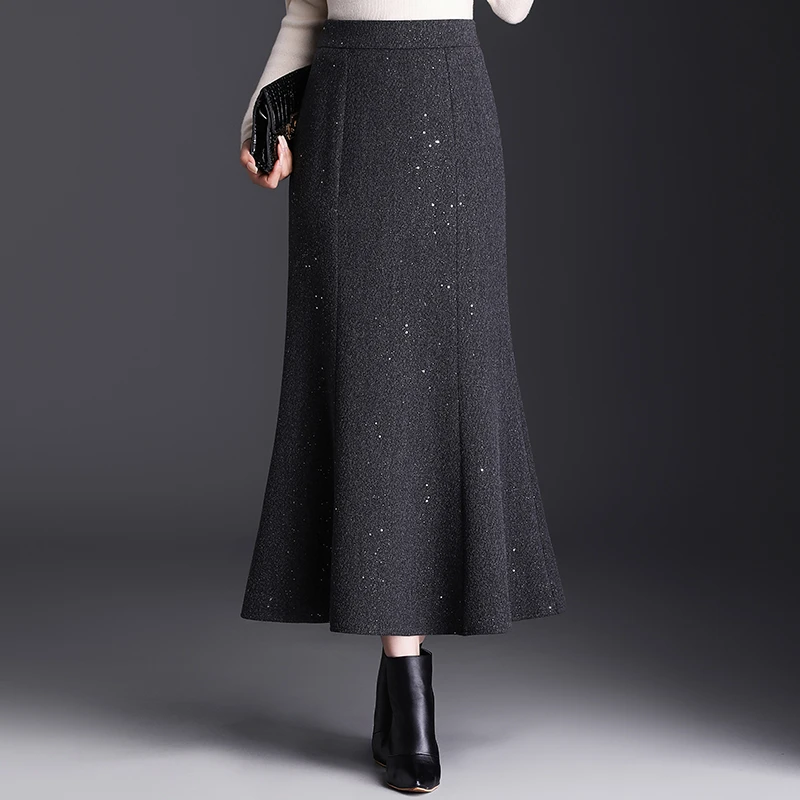 小香风鱼尾裙毛呢半身裙女秋冬季新款高腰包臀裙荷叶边亮片一步裙