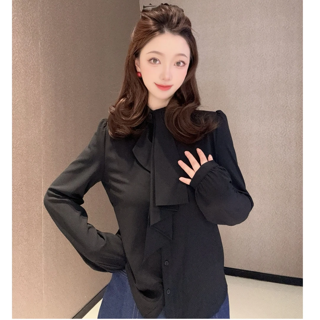 GIRDEAR/哥弟新款通勤时尚百搭立领荷叶边长袖单排扣衬衫1300744