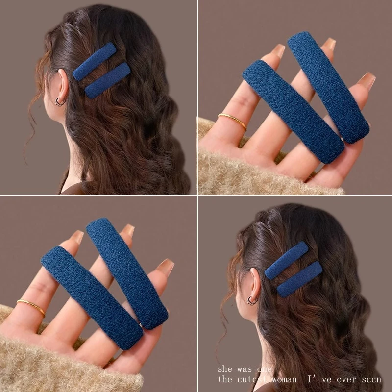 韩版~一对装~毛呢侧边发夹bb夹文艺前额刘海夹卡蓝色碎发夹子头饰