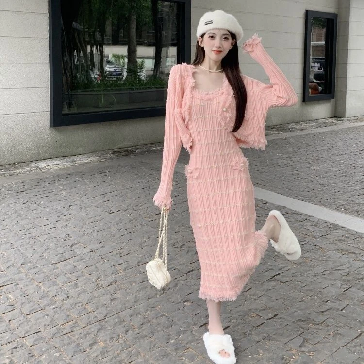 洋气裙子名媛气质小香风两件套女秋新款法式针织开衫吊带长袖套装