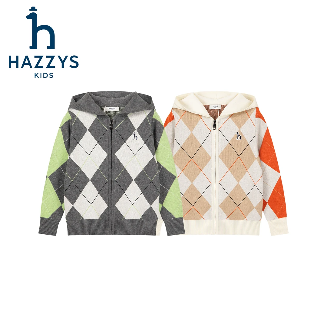 Hazzys/哈吉斯品牌童装男童连帽针织衫外套拼色菱形格子