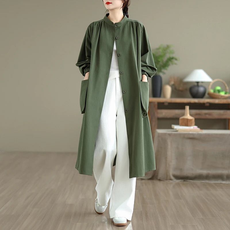 宽松复古文艺绿色长袖风衣2025秋冬立领大口袋中长款休闲排扣外套