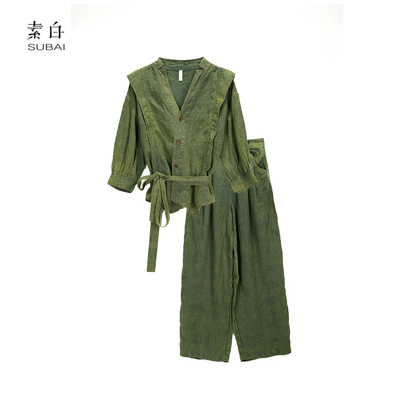 素白【卜卜翠】重工做旧炒色绿色亚麻休闲阔腿裤套装SB2502TZ01154
