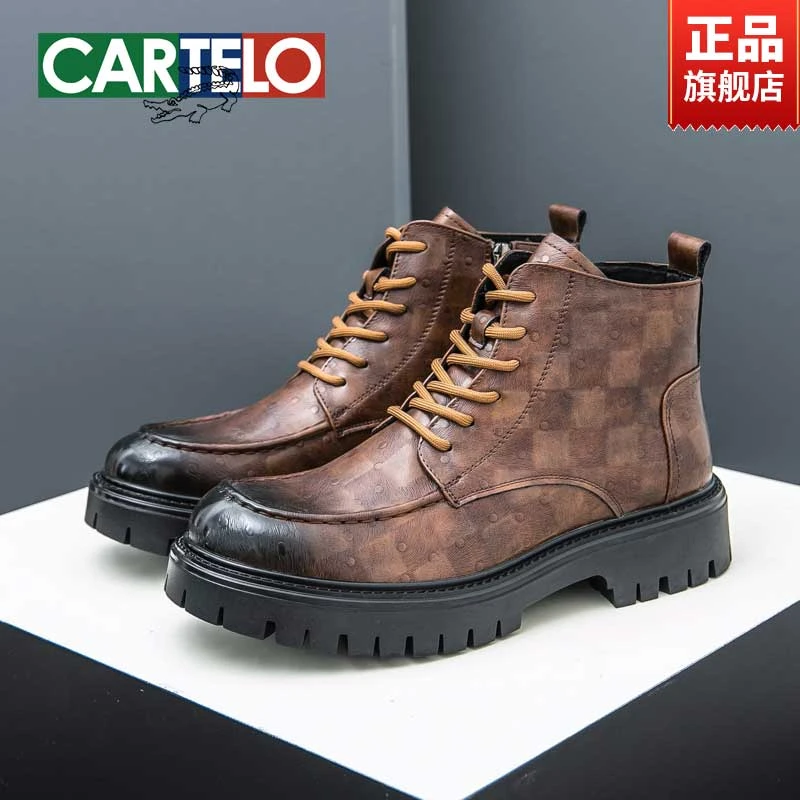CARTELO/卡帝乐鳄鱼男士英伦风马丁靴中帮厚底增高复古休闲皮鞋