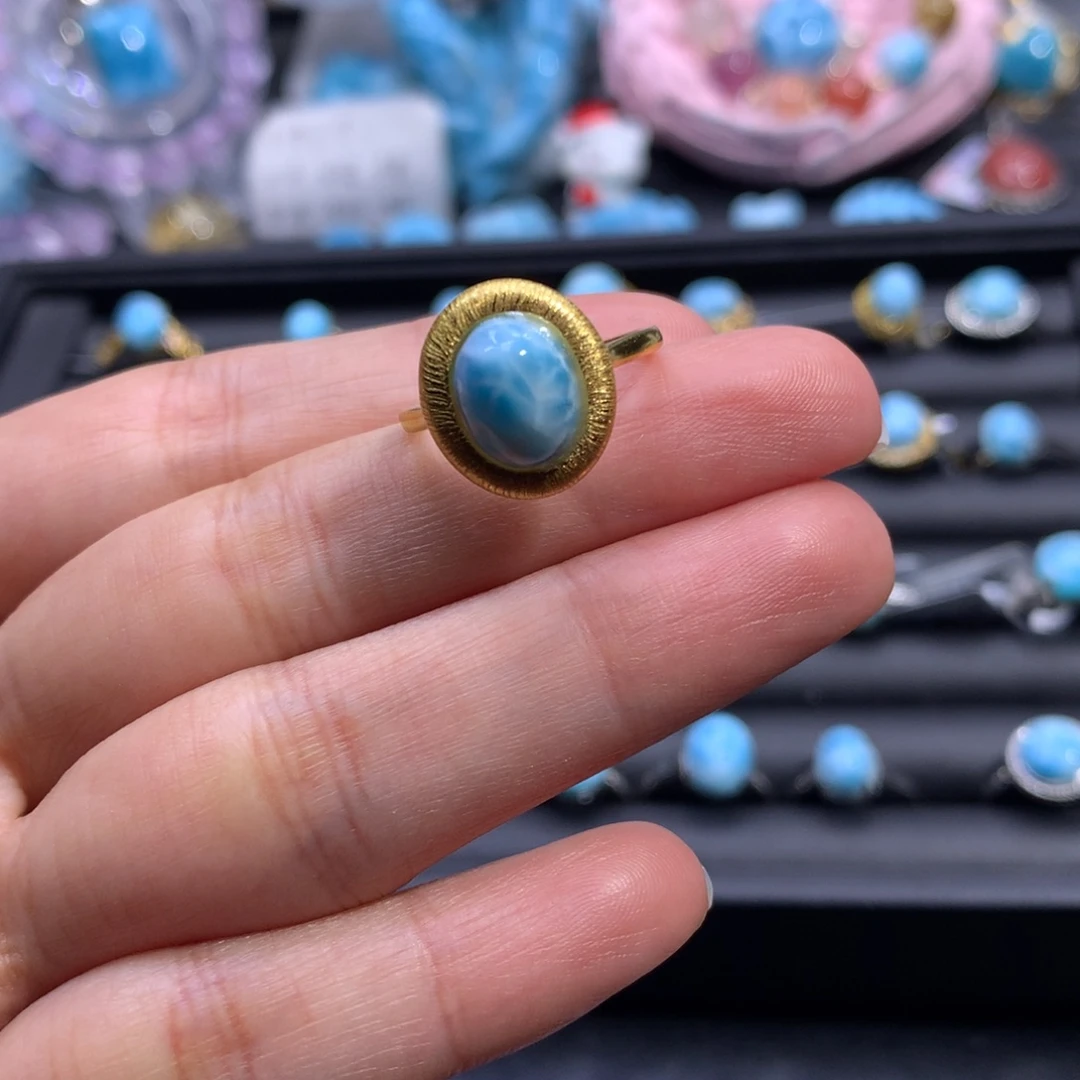 针钠钙石（海纹石）银S925镀金镶嵌戒指蛋面戒指色差略异