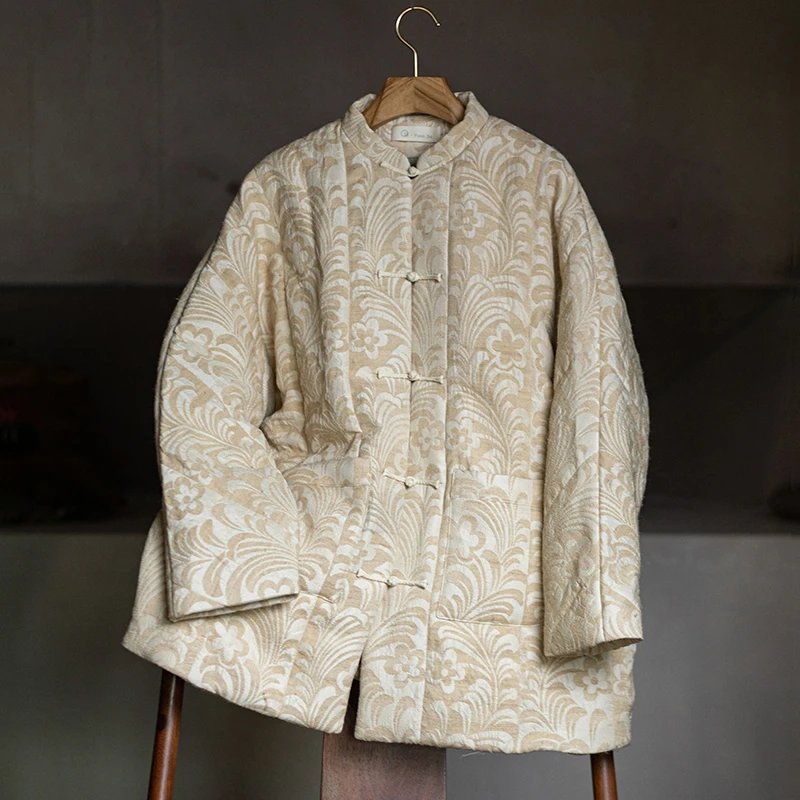 原创女装休闲复古长款中式中国风国潮立领提花棉衣