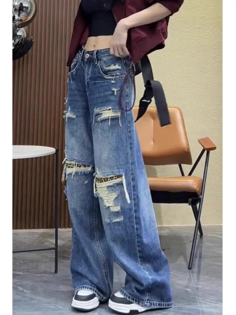 显瘦破洞阔腿裤牛仔裤子女春季新款梨形身材胖mm大码弯刀裤小个子