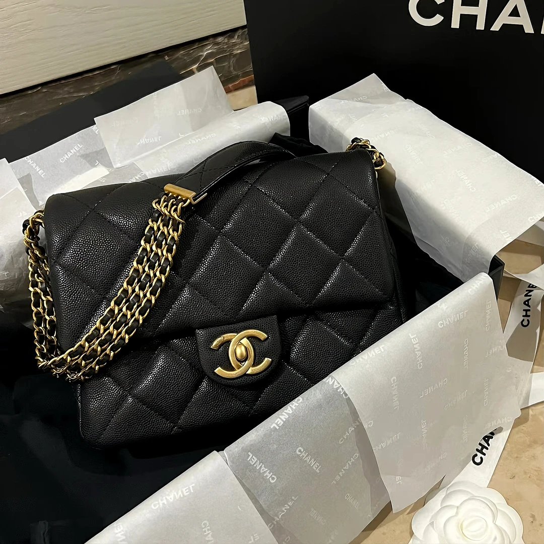 99新 Chanel/香奈儿 2071|香奈儿黑金芯片新款荔枝皮方胖子斜挎包