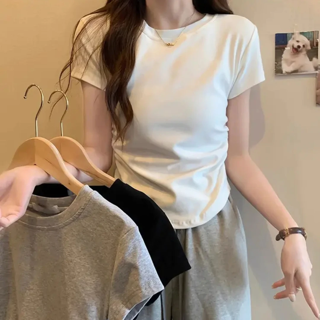 圆领正肩短袖t恤女2025夏季新款设计感修身短款显瘦辣妹潮流上衣