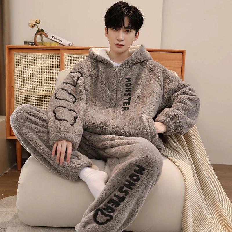 男士珊瑚绒睡衣秋冬季加绒加厚连帽青少年男孩冬天男款家居服套装