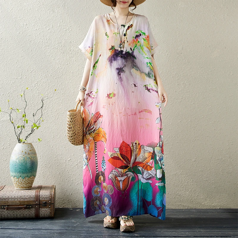 外贸法国单~大码波西米亚度假风沙滩裙女夏季高端洋气短袖连衣裙