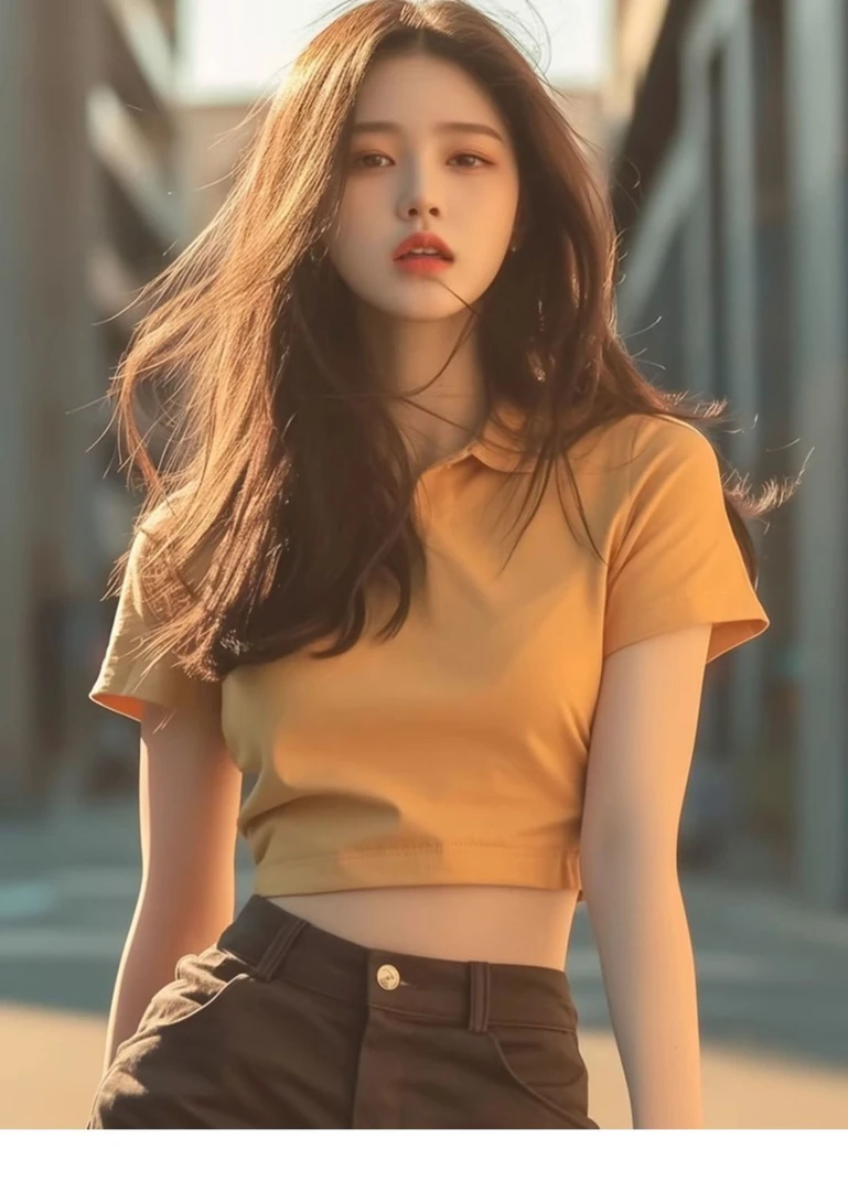 夏季独特别致polo领黄色短袖t恤女纯欲甜辣妹绝美短款上衣设计感