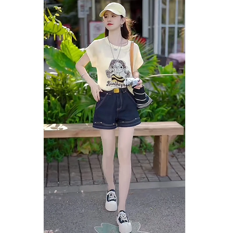夏季一整套女装2025年新款韩版黄色显瘦短袖上衣牛仔短裤两件套