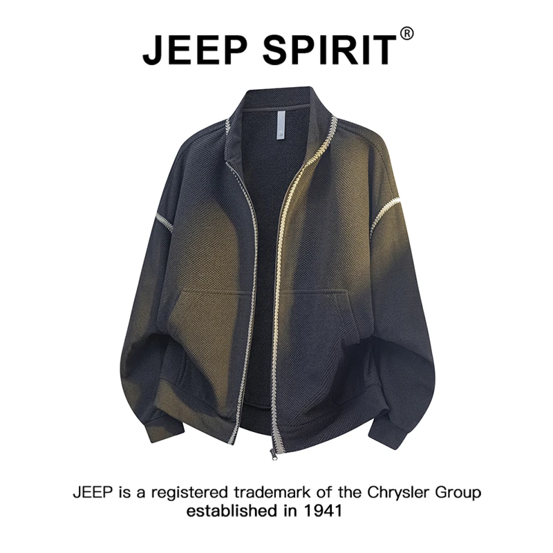 JEEPSPIRIT吉普痞帅肌理感开衫外套男春秋季拼接潮流宽松休闲夹克