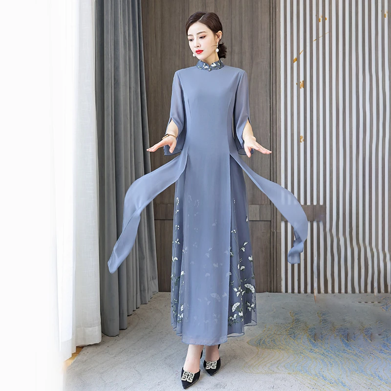 中国风女夏季复古连衣裙优雅减龄2021新款改良版气质长裙显瘦旗袍