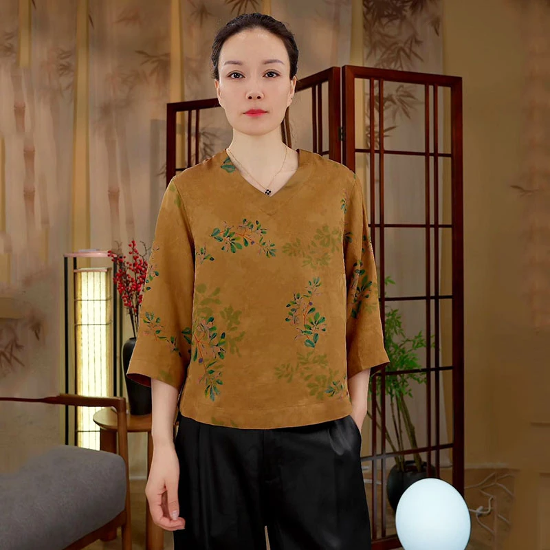 【阿邦香云纱】100%桑蚕丝上衣新中式V领提花女装双面穿小衫花萝女