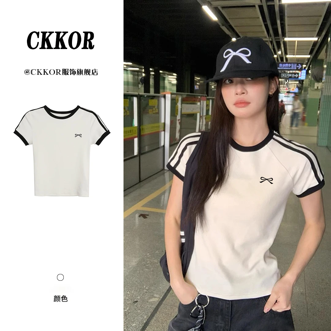 CKKOR韩版时尚修身显瘦设计感三杠条纹短袖t恤女小蝴蝶结印花款
