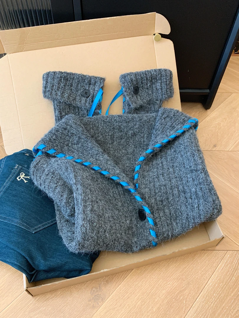 韩系设计感飘带海军领慵懒风毛衣女秋冬时尚软糯外套针织开衫上衣