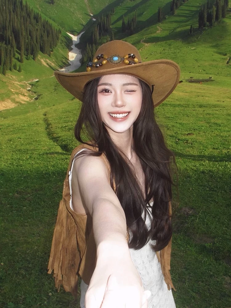 川西旅游民族风西部牛仔帽子新疆西藏拍照百搭骑士帽遮阳防晒帽潮