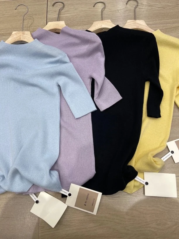 【大欣家】0183「彩色中领」中袖蚕宝羊毛衫