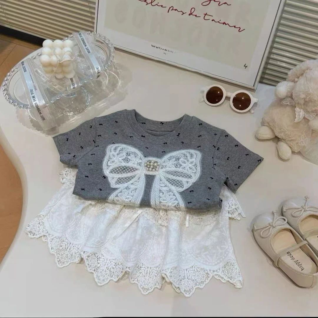 女童套装夏季新款儿童蝴蝶结波点短袖上衣蕾丝蛋糕裙两件套500133