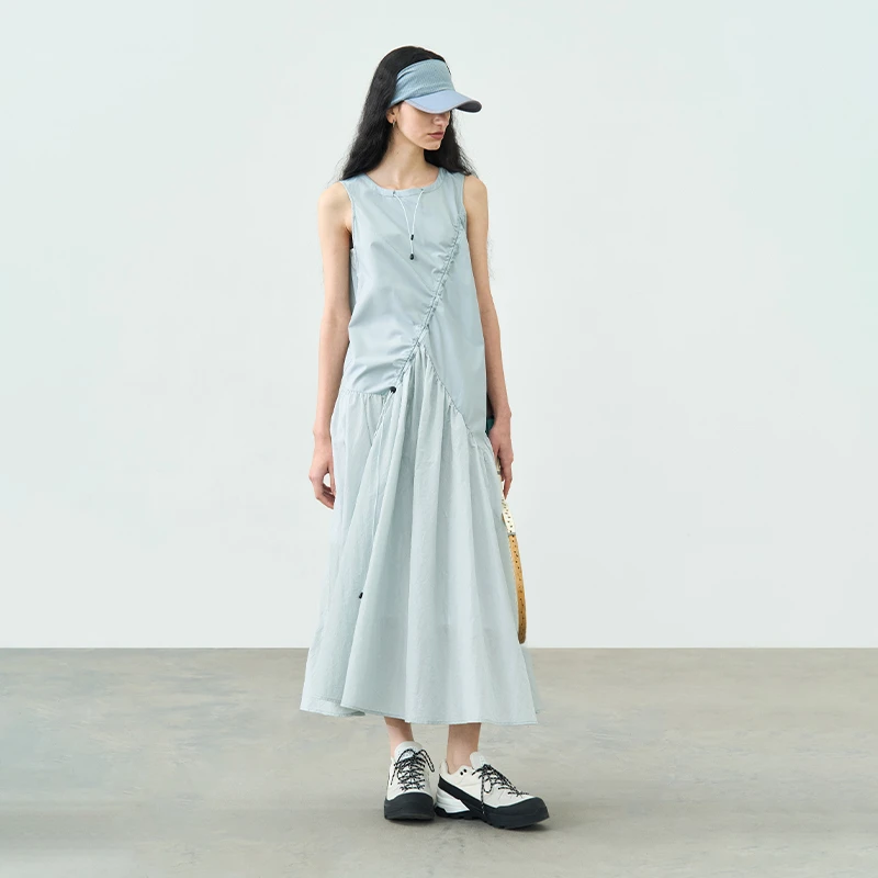 半圆女装[运动]2025夏季圆领无袖背心分割连衣裙女长裙25225356