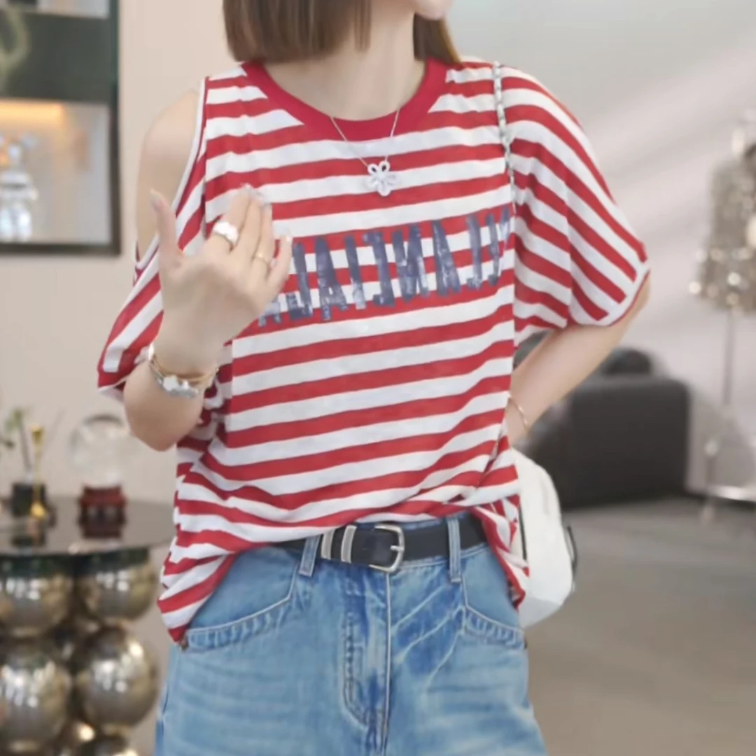 设计感休闲条纹百搭T恤女2025夏季新款韩版时尚显瘦圆领通勤上衣