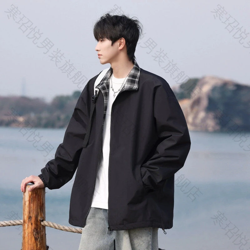 拼色格子立领运动夹克男春季宽松休闲男生上衣服港风防风情侣外套