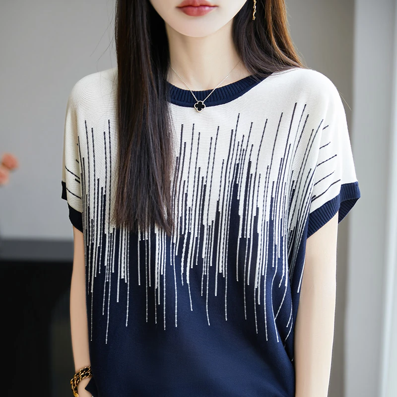 夏季大码桑蚕丝渐变提花圆领冰丝短袖t恤女时尚宽松遮肚针织上衣