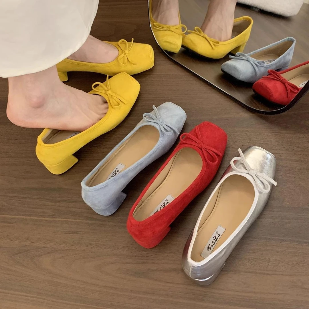 方头蝴蝶结粗跟单鞋女新款春夏法式配裙子芭蕾舞晚晚黄色女鞋