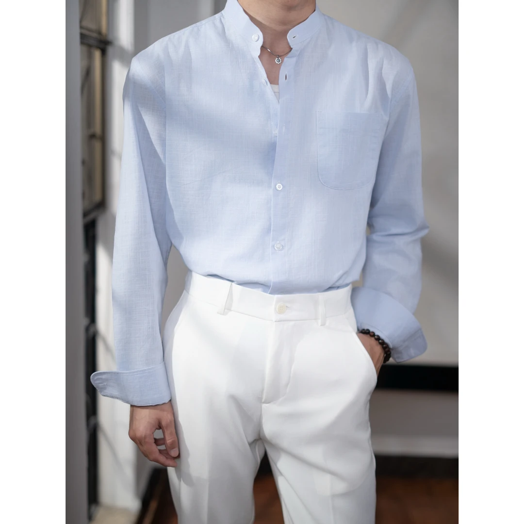 【KRUN】春夏透气休闲修身中山领长袖衬衫男韩版衬衣口袋立领衬衣