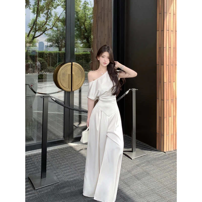 法式气质斜领露肩收腰抽褶小衫高腰宽松A字休闲长裤两件套女夏季
