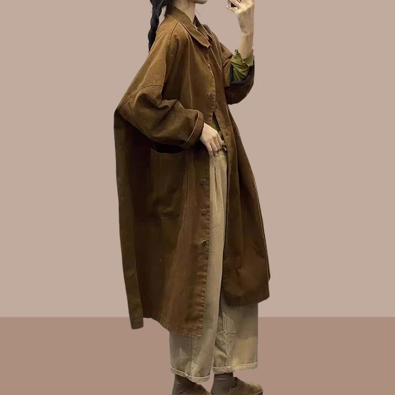 春秋季时尚新款翻领纯色简约百搭复古文艺长款休闲显瘦外套风衣女