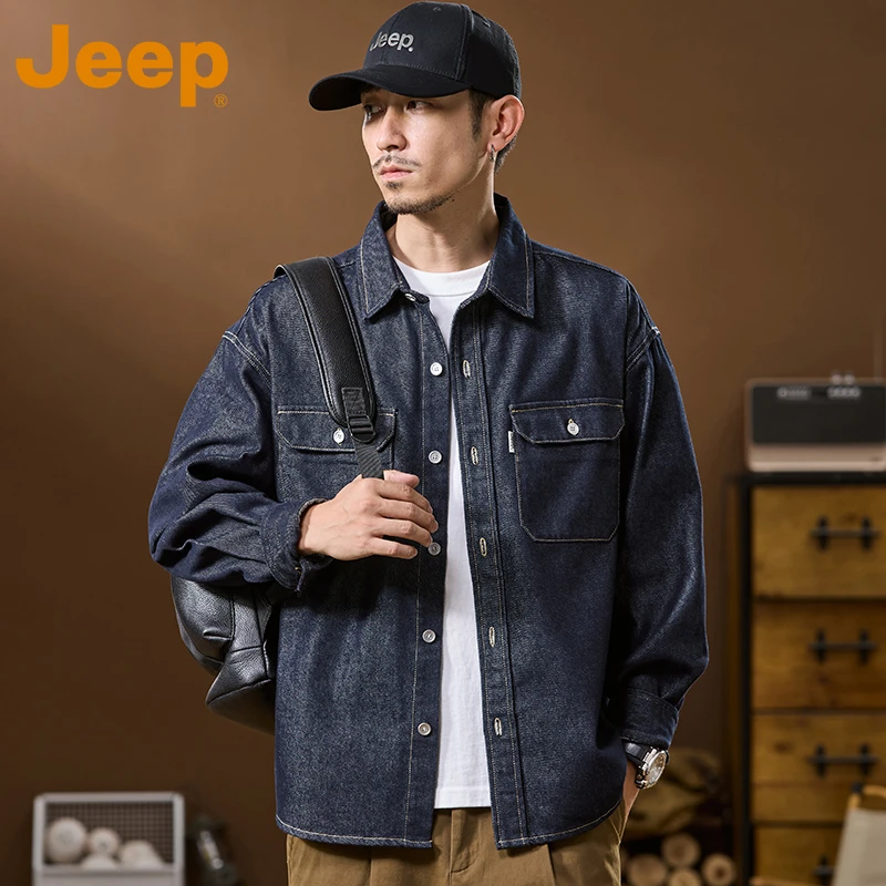 JEEP吉普美式潮牌牛仔衬衫男士秋季痞帅翻领水洗宽松休闲夹克外套