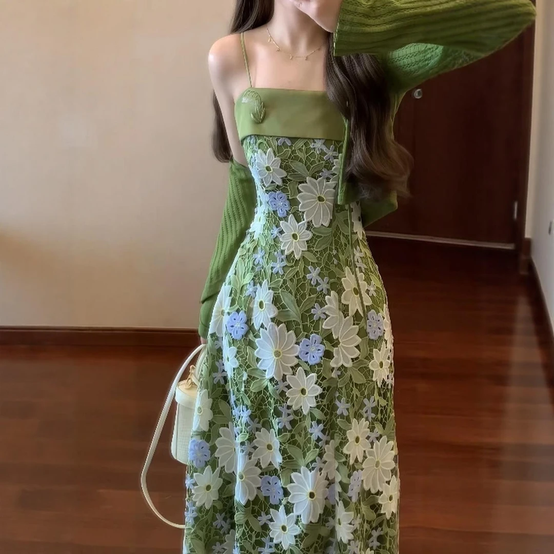 夏季穿搭一整套大码胖mm绿色开衫花朵吊带连衣裙韩系绝美独特套装